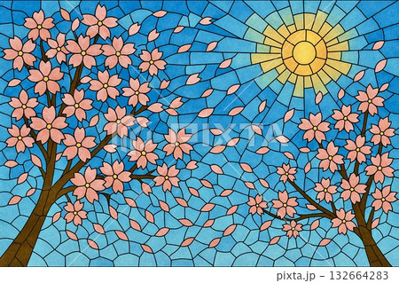 満開の桜　桜吹雪　春　青空　ステンドグラス調 132664283