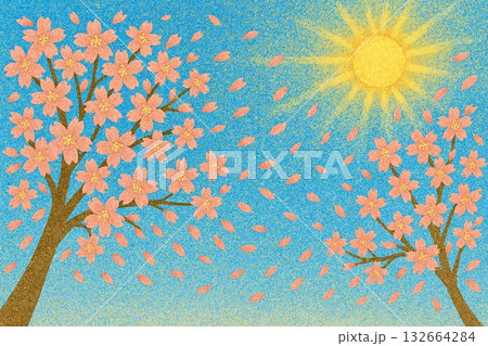 満開の桜　桜吹雪　春　青空　砂絵調 132664284