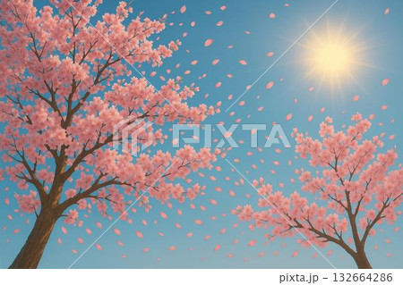 満開の桜　桜吹雪　春　青空　フォトリアル 132664286