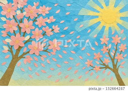 満開の桜　桜吹雪　春　青空　貼り絵風 132664287