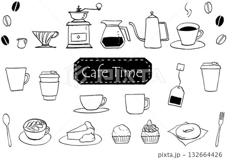 シンプルなカフェの手描き線画イラストセット01 132664426