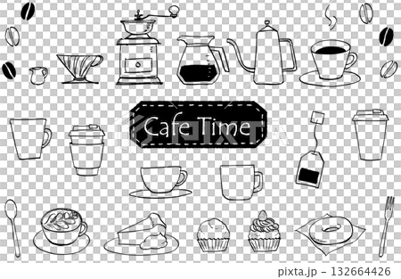 シンプルなカフェの手描き線画イラストセット01 132664426