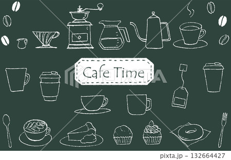 シンプルなカフェの手描き線画イラストセット02 132664427