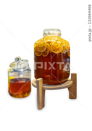 Top view of Honey mixed with lemon juice in a glass jar, focus selective Top view of Honey mixed with lemon juice in a glass jar, focus selective 132664466