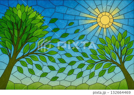 太陽　青空　新緑　ステンドグラス調 132664469