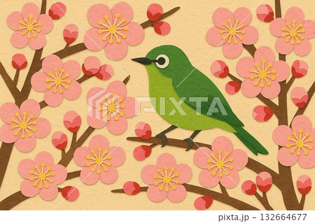 満開の梅の花 メジロ 貼り絵調 満開の梅の花 メジロ 貼り絵調 132664677