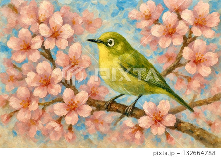 満開の桜 メジロ 油彩画 満開の桜 メジロ 油彩画 132664788