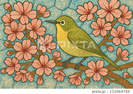 満開の桜 メジロ 砂絵調 満開の桜 メジロ 砂絵調 132664789
