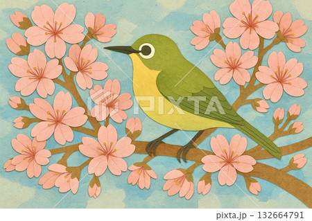 満開の桜 メジロ 貼り絵 満開の桜 メジロ 貼り絵 132664791