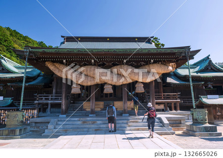 Tourist people at Miyajidake shrine with big rope, Fukutsu, Fukuoka 132665026