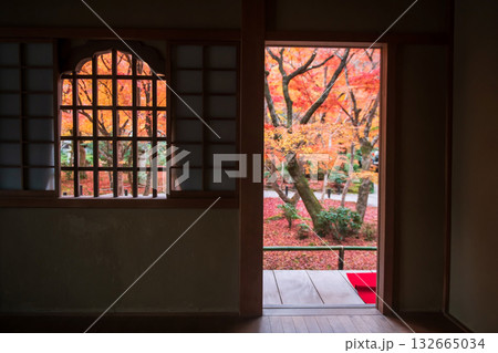 Enkoji temple door to terrace with colorful autumn leaf garden view, Kyoto Enkoji temple door to terrace with colorful autumn leaf garden view, Kyoto 132665034