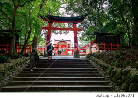 Tourist people at red torii gate to visit Usa Jingu main shrine, Oita 132665071