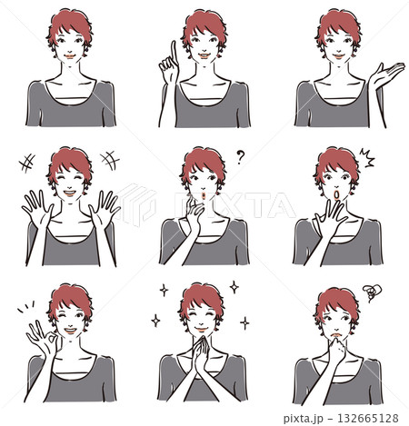 ショートカットの女性の表情いろいろ　ノーマル1 132665128