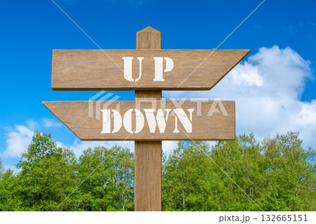 道しるべと新緑の林と青空（UP・DOWN） 132665151