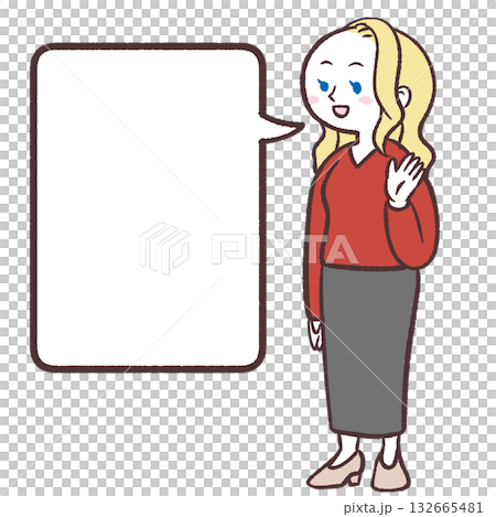 Illustration of a smiling Caucasian woman talking and a speech bubble Illustration of a smiling Caucasian woman talking and a speech bubble 132665481