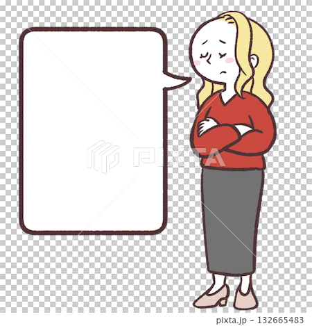 Illustration of a thinking Caucasian woman and a speech bubble Illustration of a thinking Caucasian woman and a speech bubble 132665483