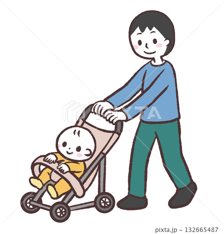 赤ちゃんを乗せたベビーカーを押す男性のイラスト 132665487