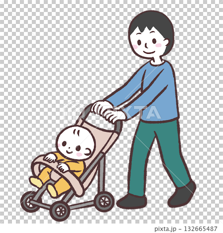 圖:一名男子推著嬰兒車,車上坐著一個嬰兒 圖:一名男子推著嬰兒車,車上坐著一個嬰兒 132665487