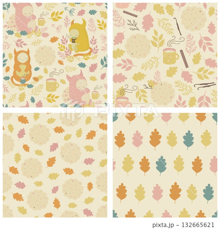 Seamless patterns with cute characters, mugs of tea, cookies, cozy autumn Seamless patterns with cute characters, mugs of tea, cookies, cozy autumn 132665621