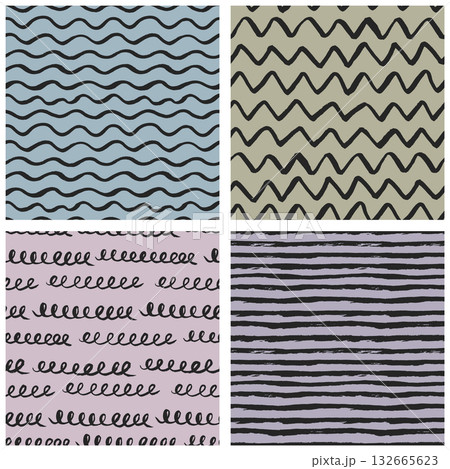 Hand-drawn seamless patterns set with brush-painted waves, zigzags, stripes 132665623