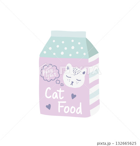 Dry or wet cat food in a package. Plastic, cardboard bag, pet snack box cartoon Dry or wet cat food in a package. Plastic, cardboard bag, pet snack box cartoon 132665625