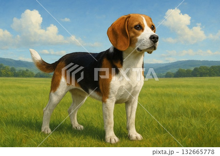 芝生の上を散歩するビーグル犬 132665778