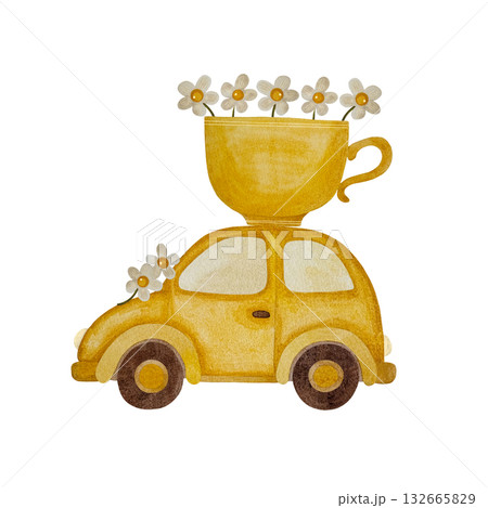 Watercolor yellow car with cup. Yellow car with yellow cup filled with white flowers isolated on white. 132665829