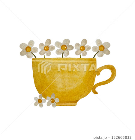 Watercolor yellow cup with flowers. Yellow cup with white flowers inside and around it isolated on white. Watercolor yellow cup with flowers. Yellow cup with white flowers inside and around it isolated on white. 132665832
