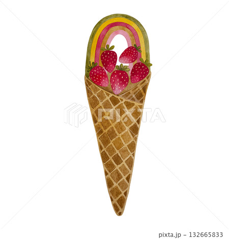 Watercolor rainbow strawberry cone. Waffle cone with rainbow and strawberries isolated on white. 132665833