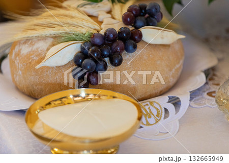 Artisanal Bread crafted with Grapes, accompanied by Decorative Elements for enjoyment 132665949