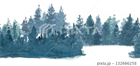 Landscape of a misty pine forest in soft blue-green tones. Hand-painted watercolor seamless pattern with natural texture, perfect for banners, backgrounds, nature decor, or outdoor design projects. Landscape of a misty pine forest in soft blue-green tones. Hand-painted watercolor seamless pattern with natural texture, perfect for banners, backgrounds, nature decor, or outdoor design projects. 132666258