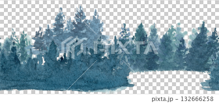 Landscape of a misty pine forest in soft blue-green tones. Hand-painted watercolor seamless pattern with natural texture, perfect for banners, backgrounds, nature decor, or outdoor design projects. Landscape of a misty pine forest in soft blue-green tones. Hand-painted watercolor seamless pattern with natural texture, perfect for banners, backgrounds, nature decor, or outdoor design projects. 132666258