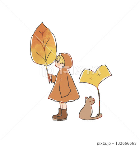 秋っぽいテイストのイラスト 子ども・猫・落ち葉 秋っぽいテイストのイラスト 子ども・猫・落ち葉 132666665