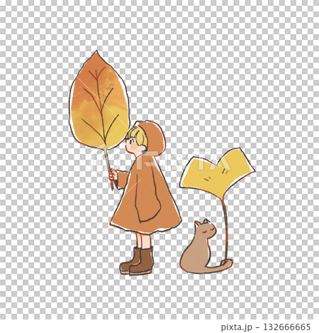 秋っぽいテイストのイラスト 子ども・猫・落ち葉 秋っぽいテイストのイラスト 子ども・猫・落ち葉 132666665