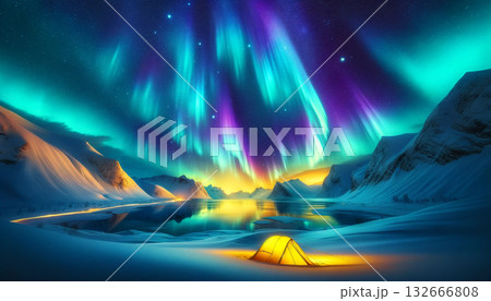 オーロラが輝く夜空と発光するテントの冬の北国のイラスト 132666808