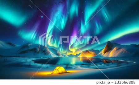 カラフルなオーロラと湖畔で光るテントと雪山の幻想的な冬の風景イラスト カラフルなオーロラと湖畔で光るテントと雪山の幻想的な冬の風景イラスト 132666809