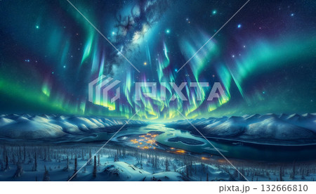 オーロラと星空が輝く夜。北国の冬の風景イラスト オーロラと星空が輝く夜。北国の冬の風景イラスト 132666810