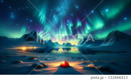 カラフルなオーロラが夜空に広がる雪山の風景。発光するテントと湖のイラスト背景素材. カラフルなオーロラが夜空に広がる雪山の風景。発光するテントと湖のイラスト背景素材. 132666813