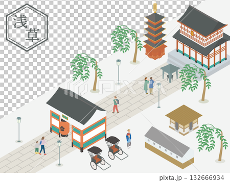 浅草寺と仲見世通りのアイソメトリックイラスト(人力車と参詣者のいる風景) 浅草寺と仲見世通りのアイソメトリックイラスト(人力車と参詣者のいる風景) 132666934