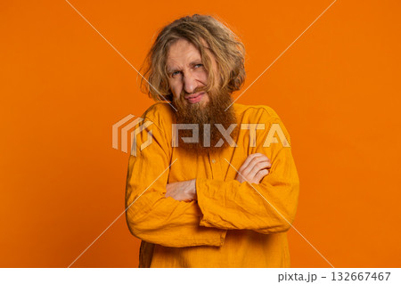 Sad Caucasian man loses becoming surprised by lottery results, bad fortune loss unlucky fortune news 132667467