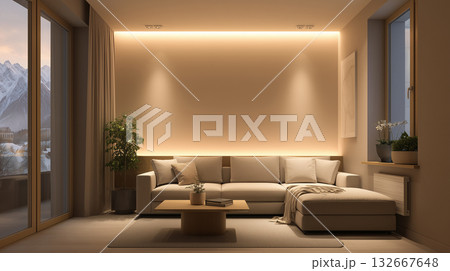 間接照明が創り出すモダンなリビングルーム - 落ち着きと高級感のある空間デザイン 132667648