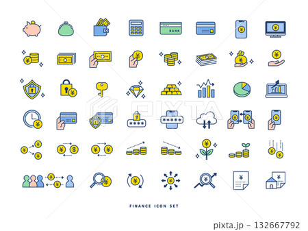 カラー版・お金と金融のアイコンセット（青系・ビジネス・経済デザイン） 132667792