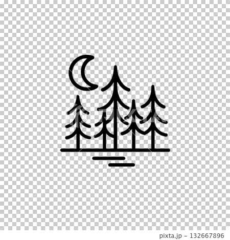 Night forest line drawing icon, material, forest bathing, no background, document creation, black and white, graphic 132667896