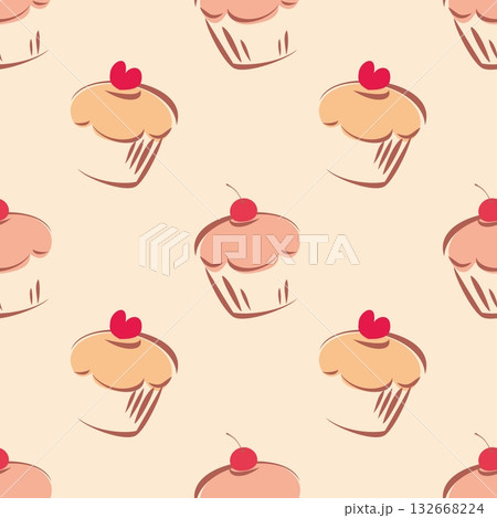 Seamless vector pattern or tile texture with little cupcakes, muffins, sweet cake cherry and red heart on top. Background with sweets for valentines wallpaper, decoration desktop or culinary blog webs Seamless vector pattern or tile texture with little cupcakes, muffins, sweet cake cherry and red heart on top. Background with sweets for valentines wallpaper, decoration desktop or culinary blog webs 132668224