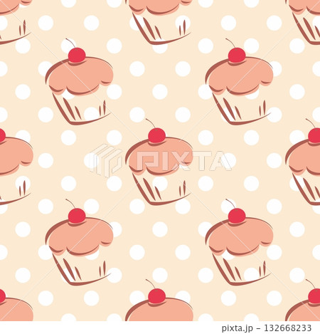 Seamless vector pattern or tile texture with cherry cupcakes and white polka dots on pink background. Hand drawn muffins and sweet cake dessert background for desktop wallpaper, culinary blog website. Seamless vector pattern or tile texture with cherry cupcakes and white polka dots on pink background. Hand drawn muffins and sweet cake dessert background for desktop wallpaper, culinary blog website. 132668233