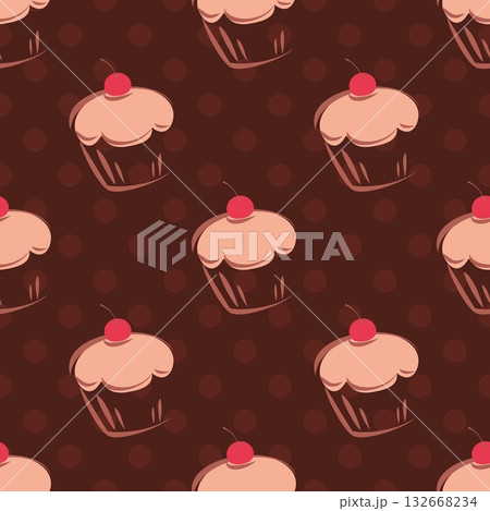 Seamless vector pattern with cherry cupcakes, muffins, sweet cake and polka dots on chocolate brown tile background with sweets Seamless vector pattern with cherry cupcakes, muffins, sweet cake and polka dots on chocolate brown tile background with sweets 132668234