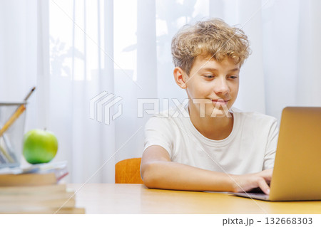 Schoolboy studying at home with a laptop, smiling with a joyful expression Schoolboy studying at home with a laptop, smiling with a joyful expression 132668303
