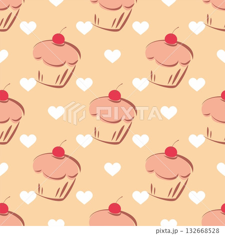 Tile vector pattern with cupcake and hearts on pastel background for seamless decoration wallpaper Tile vector pattern with cupcake and hearts on pastel background for seamless decoration wallpaper 132668528