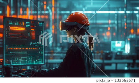 A worker wearing safety gear is utilizing augmented reality technology in a cuttingedge industrial setting 132668671