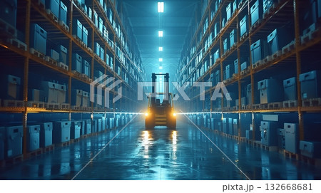 Robust and HeavyDuty Forklift Operating in a Spacious Industrial Warehouse Surrounded by Pallet Racks 132668681